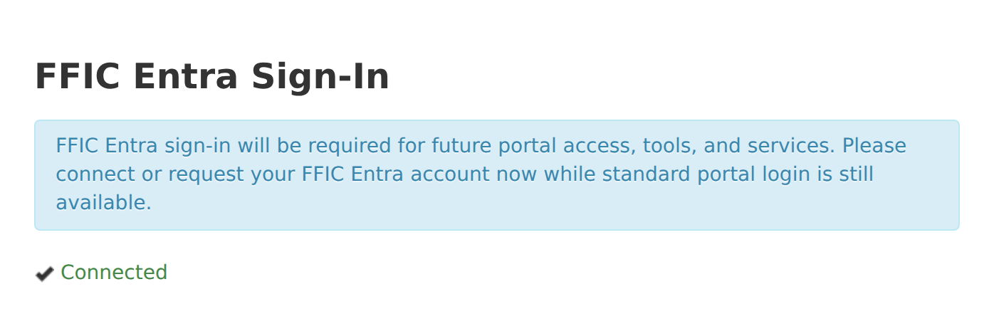 FFIC Entra Sign-In profile section displaying a green check mark and Connected.