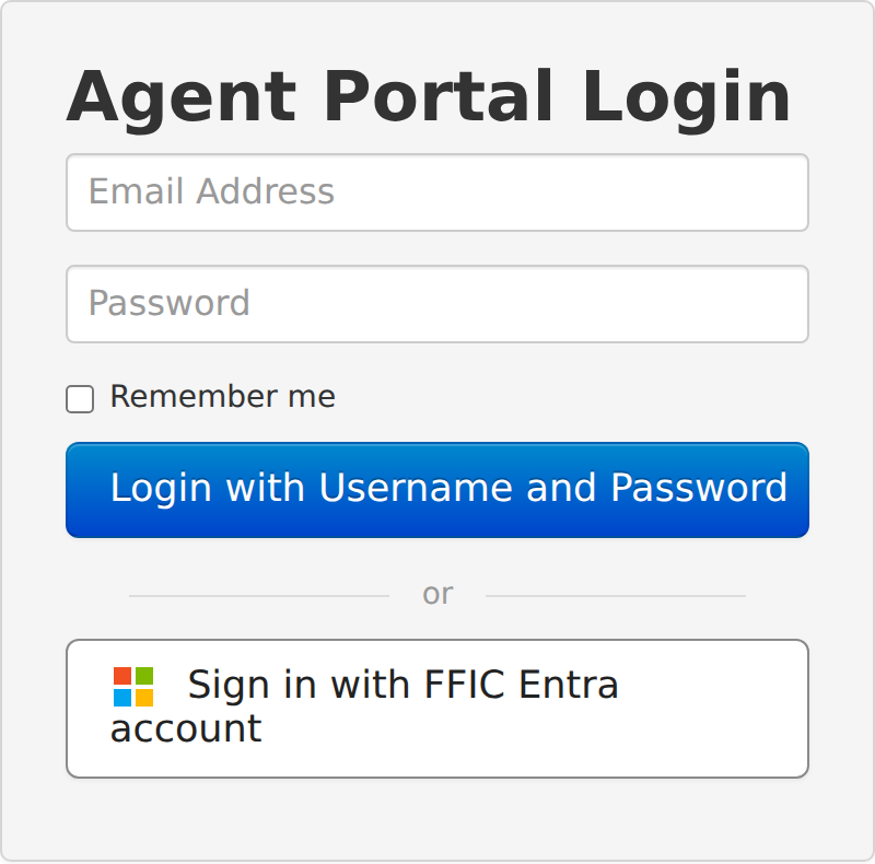 Agent Portal Login with email and password fields, Login with Username and Password, and Sign in with FFIC Entra account.