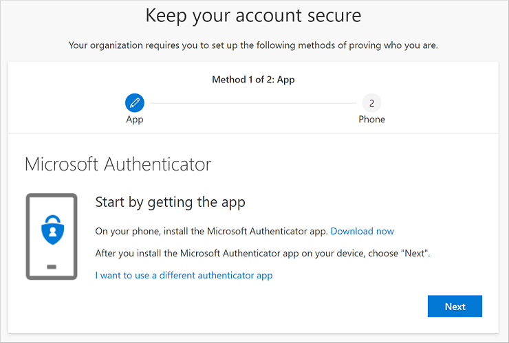 Microsoft example of the Keep your account secure screen prompting the user to install Microsoft Authenticator and select Next.