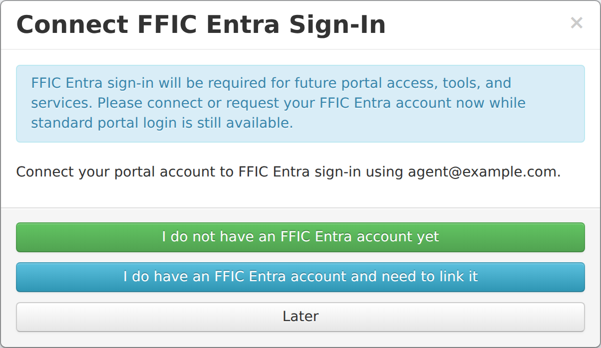 Connect FFIC Entra Sign-In popup showing the invitation button, existing-account link button, and Later button, with a sample email address.