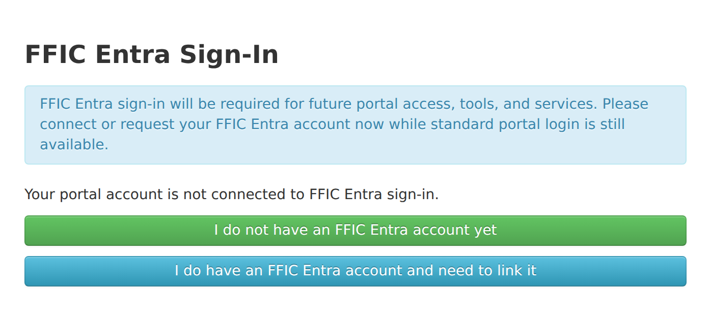 FFIC Entra Sign-In section in Edit Profile showing the existing-account linking button below the invitation button.